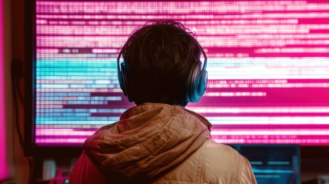 Person wearing headphones, viewing code on a monitor