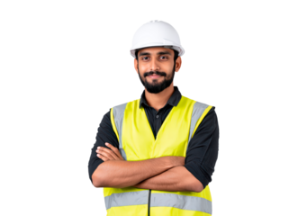 Confident Indian construction worker in safety gear at construction site on transparent background, PNG