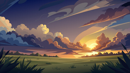 Vibrant sunset over rolling hills with dramatic clouds and silhouetted grass