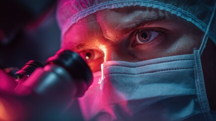 Close-up of surgeon using surgical microscope intricate operation under intense lighting sterile clinical environment 