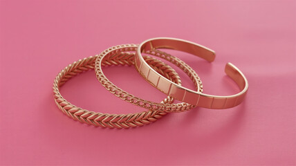 A product photography shot of three rose gold bangle bracelets arranged on a solid pink background.