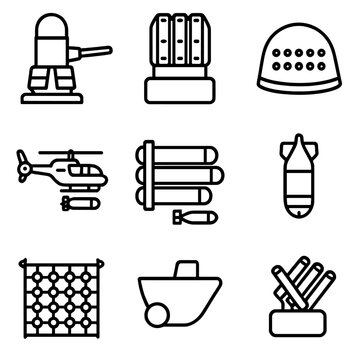 Naval Defense Icons. Outline style icons of Naval Defense Systems: CIWS gun mount, missile silo, sonar dome, ASW helicopter,