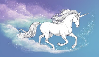 White unicorn gallops across starry sky with shimmering cosmic clouds