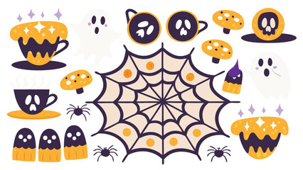Illustration of halloween themed images with ghosts, spiders, and spooky tea cups design