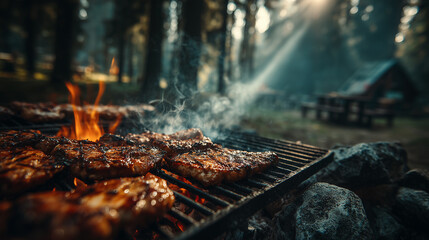 Grilled steaks on barbecue surrounded by forest and smoky fire