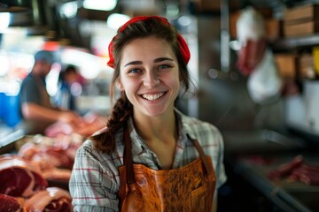 Young butcher woman smiling while working in a butchery shop