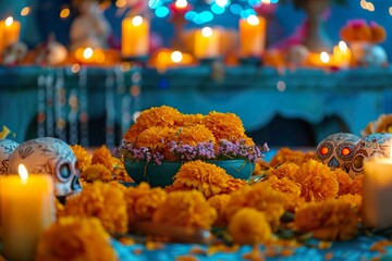 A colorful celebration of Mexico’s Day of the Dead, with decorated altars, marigold flowers, and sugar skulls. Families are gathered to remember and honor their ancestors, surrounded