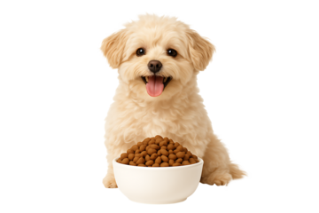 Fluffy puppy with bowl of dog food isolated on transparent background
