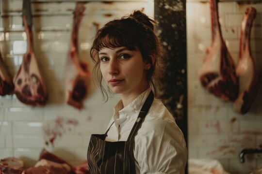 Confident female butcher wearing apron standing in front of hanging meat in traditional butcher shop - Powered by Adobe