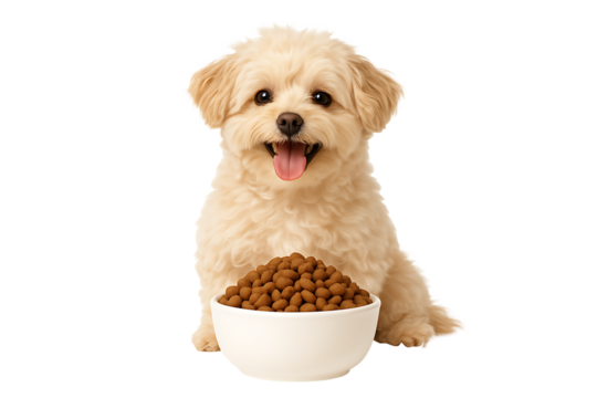 Fluffy puppy with bowl of dog food isolated on transparent background
