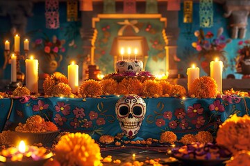 A colorful celebration of Mexico’s Day of the Dead, with decorated altars, marigold flowers, and sugar skulls. Families are gathered to remember