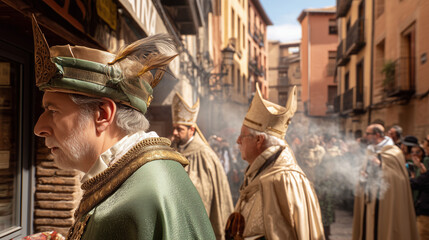 Bishops in Traditional Vestments During Fiestas de San Lorenzo Religious Street Ceremony