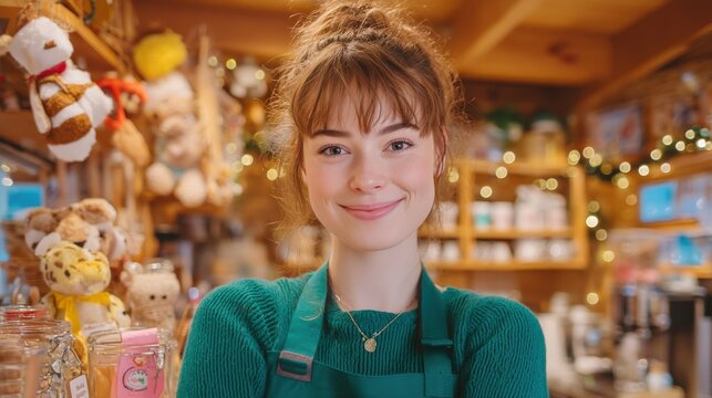 Smiling autistic girl working as a waiter at a coffee shop, serving drinks with a warm, welcoming expression, surrounded by cozy cafe decor.