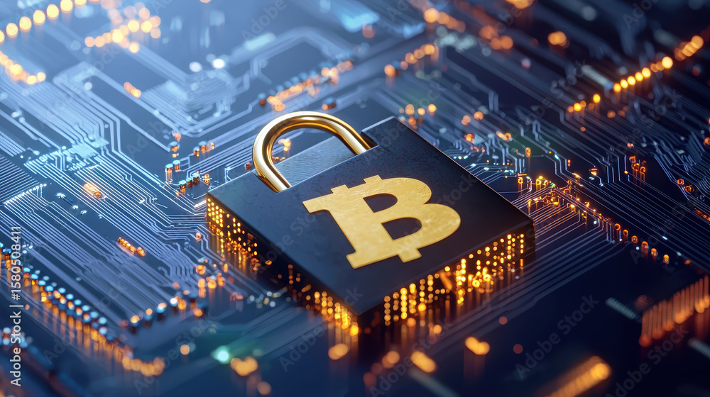 Poster digital padlock with bitcoin symbol circuit board background represents security cryptocurrency. thi