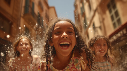 Obraz premium Joyful Children Playing at Fiestas de San Lorenzo Street Festival in Summer Celebration