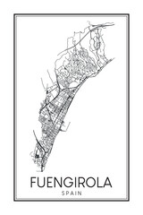 Obraz premium Hand drawn printable downtown road map poster of the Spanish city of FUENGIROLA on solid white background with city name