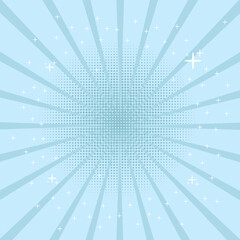 Obraz premium Abstract blue sunburst background with dotted halftone center, white cross sparkles, and clean radial rays. Perfect for posters, banners, or modern visual designs.