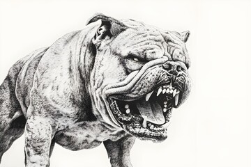 Pencil drawing of angry and fierce bulldog from side view, white background	