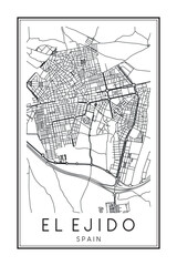 Fototapeta premium Hand drawn printable downtown road map poster of the Spanish city of EL EJIDO on solid white background with city name