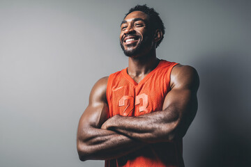 Athletic african american basketball player smiling portrait with orange jersey and arms crossed studio shot
