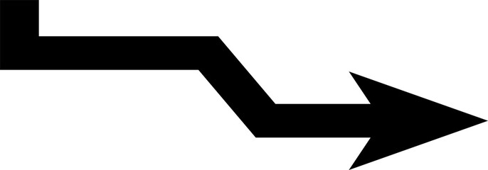 Black zigzag arrow pointing right and down on a white background