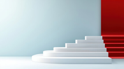 Modern white steps with red backdrop create striking visual contrast, perfect for showcasing products or presentations