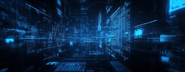 A digital background with stock market charts and graphs, in a blue color theme, with a dark, blurred background