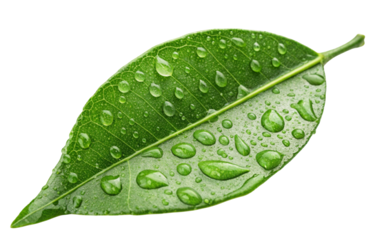Close up of a vibrant green leaf with many water droplets isolated on transparent background - Powered by Adobe