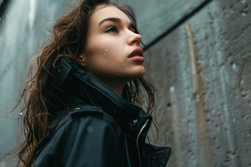 Young woman feeling the rain on her face while wearing a black jacket