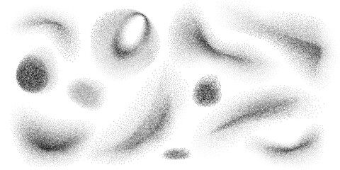 Set of abstract grainy shapes, dotted wavy noise sand spray, black ink dot textures form dynamic blobs, gradient shadows and curved forms. Vector graphic elements for banner, poster, background.
