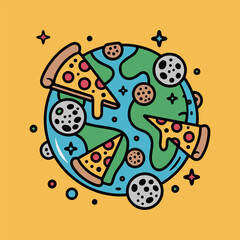 Funny Earth Planet with Pizza Slices and Cookies Cartoon Illustration