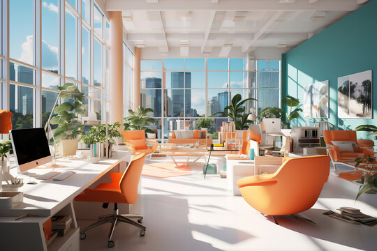 Contemporary office workspace showcasing advanced technology and ergonomic furnishings