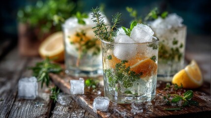 Refreshing Herbal Cocktail with Lemon and Ice