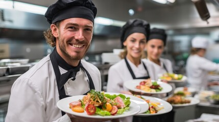 Smiling waiter holding fresh food plates in the restaurant kitchen, with female chefs actively preparing meals and managing the kitchen environment.