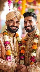 Fototapeta premium Two men in traditional Indian wedding attire, smiling warmly