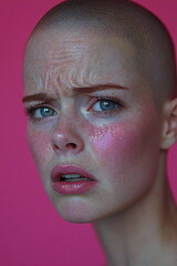 Emotional close-up of a woman with a shaved head expressing concern against a vibrant pink background