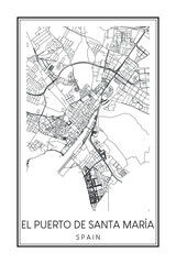 Hand drawn printable downtown road map poster of the Spanish city of EL PUERTO DE SANTA MARÍA on solid white background with city name