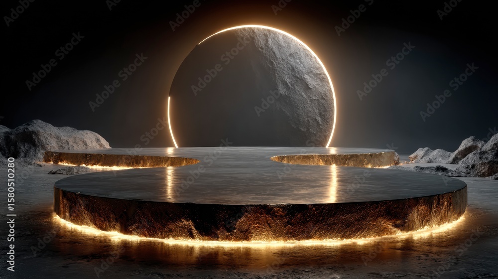 Poster celestial stage: an ethereal stage, illuminated by an illuminated halo, stands in a landscape of cos