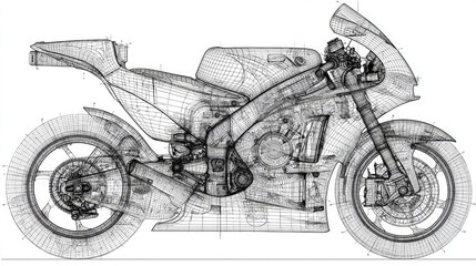 Detailed wireframe illustration showcasing a futuristic motorcycle design on a clean white background