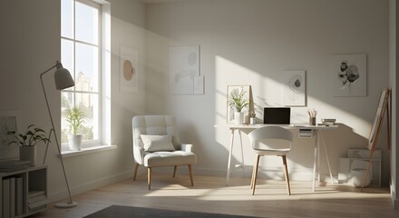 Bright, minimalist home office space with a desk, chair, artwork, and natural light streaming through a large window.