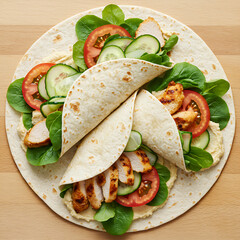 Delicious chicken wraps filled with hummus, spinach, tomato, and cucumber on a light wooden surface.