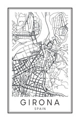 Hand drawn printable downtown road map poster of the Spanish city of GIRONA on solid white background with city name