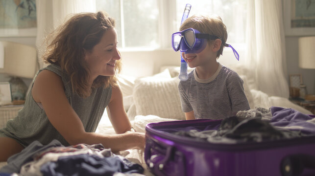 Family vacation packing tips: mother and child preparing for summer holiday with snorkeling gear