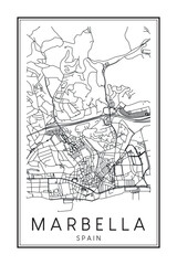 Hand drawn printable downtown road map poster of the Spanish city of MARBELLA on solid white background with city name