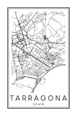Hand drawn printable downtown road map poster of the Spanish city of TARRAGONA on solid white background with city name