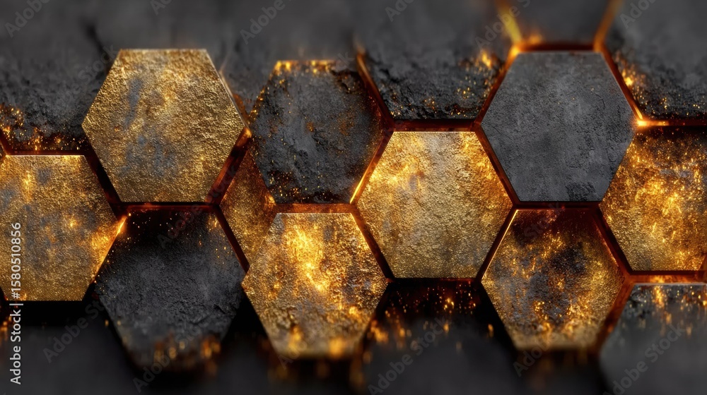 Poster honeycomb structure with sparkling energy: a captivating close-up of a honeycomb structure showcases