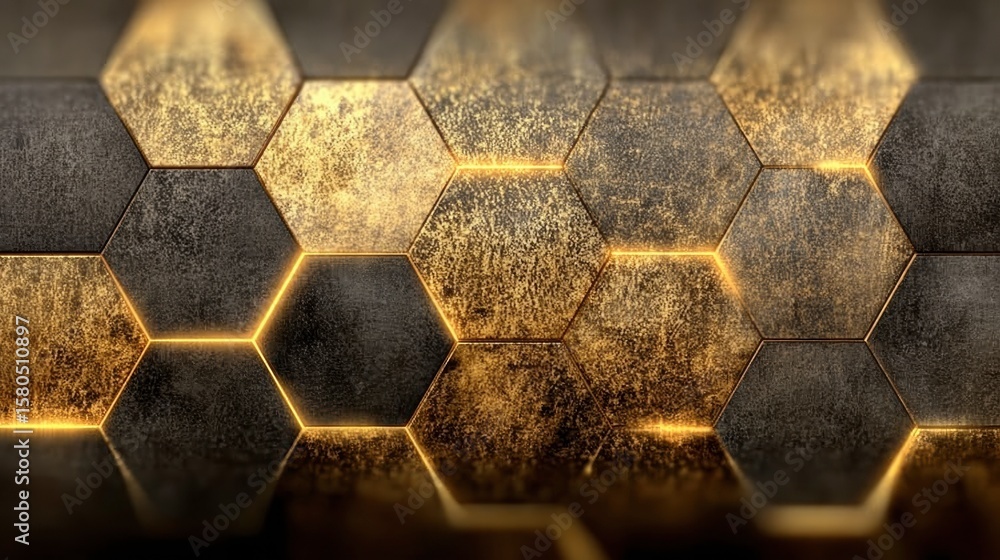 Poster hexagon design: an abstract hexagon design with illuminated golden elements, embodying the elegance 
