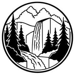 Circular mountain waterfall and pine tree landscape silhouette design