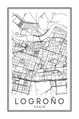 Obraz premium Hand drawn printable downtown road map poster of the Spanish city of LOGROÑO on solid white background with city name
