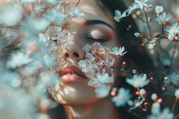 Portrait of a beautiful model relaxing with closed eyes and crystals on her face among flowers enjoying nature